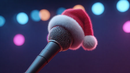 A festive microphone adorned with a fluffy Santa hat, set against a backdrop of colorful bokeh lights, perfect for holiday events and celebrations.の素材