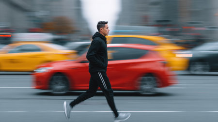 A lone person strides purposefully along a busy street, surrounded by the vibrant blur of yellow and red cars, capturing the essence of urban life.の素材