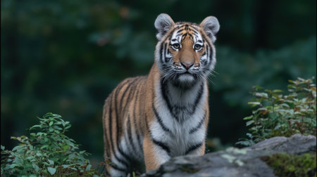 A stunning young tiger stands poised in its natural habitat, showcasing its striking stripes and inquisitive expression amid lush greenery and rocky terrain, embodying the beauty of the wild.の素材