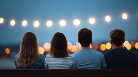 A serene scene depicting four friends sitting on a bench at dusk, illuminated by gentle string lights, capturing a moment of togetherness and joy.の素材