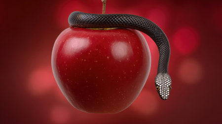 A captivating image of a black snake coiled around a vibrant red apple, set against a soft bokeh background. This surreal composition evokes feelings of temptation and intrigue, blending elements of nature and art.の素材