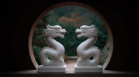 Two elegant white dragon statues are showcased through a round archway, surrounded by a serene garden, symbolizing tradition and craftsmanship.の素材