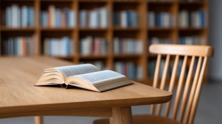 An open book rests on a wooden table in a serene library space, with a well-organized bookshelf softly blurred in the background. This setting invites quiet reflection.の素材
