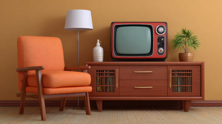 This image features a cozy vintage living room with a retro television, an orange armchair, and tasteful decor, creating a perfect nostalgic atmosphere for relaxation.の素材