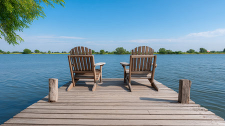 Enjoy a serene lakeside view featuring two wooden chairs placed on a dock. This tranquil scene invites relaxation and outdoor enjoyment under a clear blue sky.の素材
