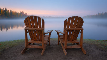 Enjoy a tranquil morning scene featuring two wooden chairs by a serene lake, enveloped in mist and framed by a lush forest, capturing natureの素材