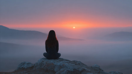 A tranquil scene featuring a silhouette of a woman seated on a rock, gazing at a stunning sunrise above misty mountains. This captivating moment embodies peace and reflection.の素材