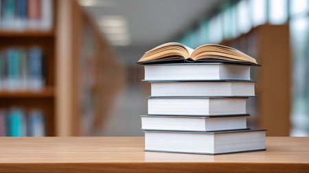 A beautifully arranged open book rests atop a stack of closed books on a wooden table, set against a softly focused library backdrop that invites learning.の素材