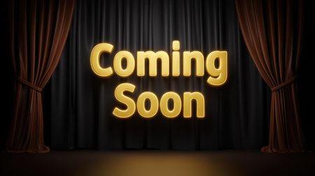 This vibrant image features a bold "Coming Soon" announcement on stage, surrounded by luxurious curtains. Ideal for promotions and events, it captures anticipation.の素材