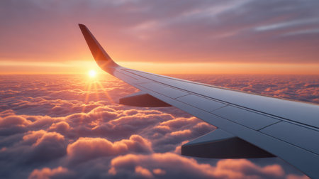 A stunning view of an airplane wing gliding over soft clouds during a breathtaking sunset, with vibrant colors illuminating the sky and showcasing the beauty of flight.の素材