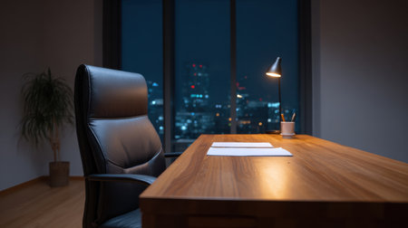 A serene modern office scene featuring a wooden desk and an empty chair, framed by a stunning city skyline view at night, perfect for a calm workspace.の素材