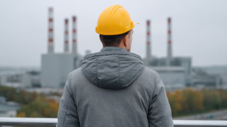 A construction worker in a yellow safety helmet stands outdoors, looking at an industrial power plant under a cloudy sky, highlighting the energy sector.の素材