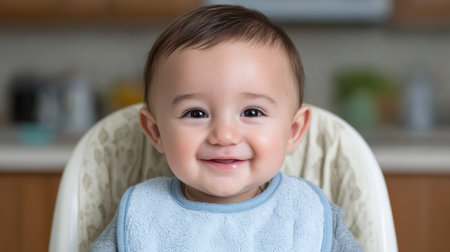 An adorable baby with a charming smile sits comfortably in a high chair wearing a blue bib. The well-lit kitchen setting adds to the joyfulness of this snapshot.の素材