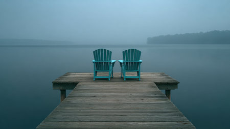 A tranquil scene of a wooden dock featuring two turquoise chairs under a thick fog. The calm waters mirror the peaceful surroundings, creating a serene atmosphere perfect for relaxation.の素材