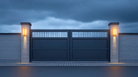 This image features a modern gate design illuminated by elegant lights, set against a dark sky at dusk, creating a serene residential entrance ambiance.の素材