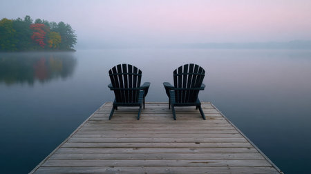 Experience the calm beauty of a serene lake at sunrise, with two Adirondack chairs on a wooden dock surrounded by a misty landscape. Perfect for relaxation.の素材