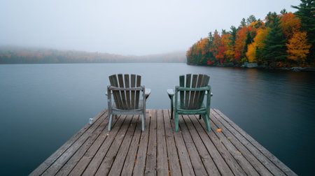 This peaceful image captures a pair of empty Adirondack chairs on a wooden dock overlooking a foggy lake surrounded by colorful autumn foliage, evoking tranquility.の素材