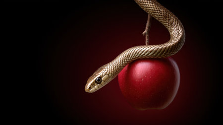 A striking image featuring a golden snake elegantly coiled around a bright red apple set against a dark background. This artwork represents temptation, danger, and nature's beauty.の素材