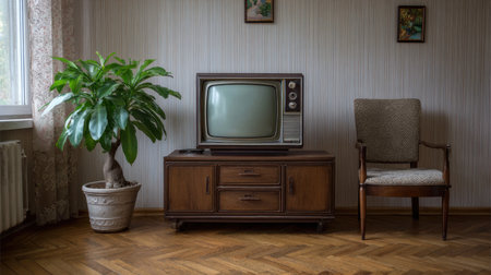 A charming retro living room featuring a vintage television, wooden furniture, and a vibrant potted plant, creating a nostalgic and cozy atmosphere.の素材
