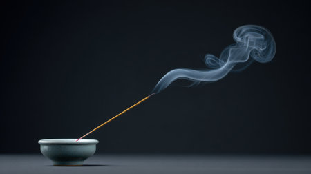 This image captures the serene beauty of an incense stick burning in a minimalist bowl, with gentle smoke rising against a dark backdrop, evoking peace and tranquility.の素材