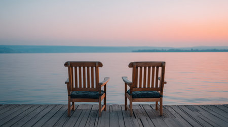 Two wooden chairs sit empty on a dock, inviting contemplation as the sun sets over a serene lake, casting soft hues across the sky.の素材