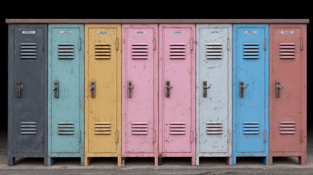 This image showcases a series of colorful vintage lockers, each with its unique character and wear. Ideal for design projects or as a vibrant backdrop, these lockers add a nostalgic touch to any space.の素材