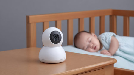 This image features a modern baby monitor camera placed on a table next to a crib, capturing a peaceful sleeping infant. Ideal for nursery safety.の素材