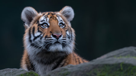 A close-up portrait of a young tiger displaying its intense blue eyes and magnificent stripes. Captured in a serene, natural setting, the image evokes wonder.の素材
