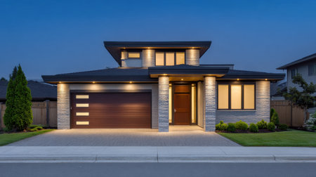 A stylish modern house exterior captured at twilight, showcasing elegant lighting accents and contemporary design, perfect for residential showcases.の素材