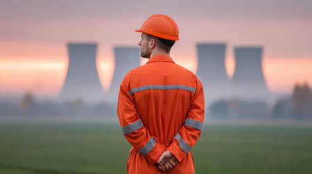 A male industrial worker in orange overalls and a hard hat stands in the foreground, gazing thoughtfully at cooling towers of a power plant during sunrise.の素材
