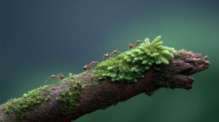 A captivating image of ants crawling across a mossy branch, showcasing the intricate details of nature in a tranquil forest setting. The soft focus background enhances the vibrant greens and browns, providing an ideal depiction of wildlife and the beauty of ecosystems.の素材