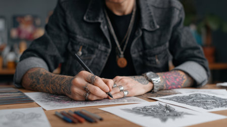A detailed shot of tattooed hands working on artistic sketches with colored pencils. The creative workspace showcases various designs and a focused individual engaged in art.の素材