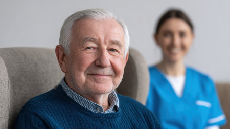 A cheerful senior man is seated in an armchair, exuding warmth while a caregiver smiles in the background, highlighting the importance of companionship in elderly care.の素材