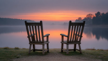 A tranquil scene featuring two wooden chairs facing a calm lake during sunset. The serene atmosphere highlights the beauty of nature and the soft colors of dusk. Perfect for evoking feelings of relaxation and escape into the outdoors.の素材