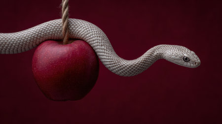 A striking image of a white snake elegantly coiling around a glossy red apple against a deep dark background, blending themes of nature and symbolism.の素材