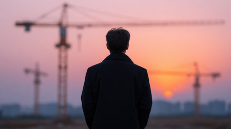A solitary man stands in contemplation as the sun sets behind towering construction cranes, symbolizing growth and urban development. The serene backdrop evokes feelings of hope and reflection.の素材