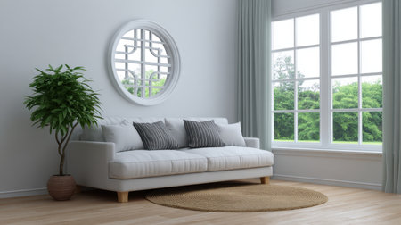 A bright and modern living room featuring a white couch adorned with striped cushions. Large windows frame the view of lush greenery, while a rounded mirror adds depth and style to the minimalist decor. The wooden floor and round rug enhance the cozy and inviting atmosphere, creating a perfect spot for relaxation and rejuvenation.の素材