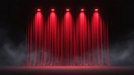 This captivating image showcases dramatic red curtains illuminated by spotlight lighting, creating a theatrical atmosphere perfect for performances or presentations.の素材
