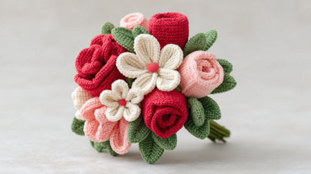 This stunning knitted flower bouquet features vibrant roses and blossoms in red, pink, and cream colors, perfect for unique decor or gifts.の素材
