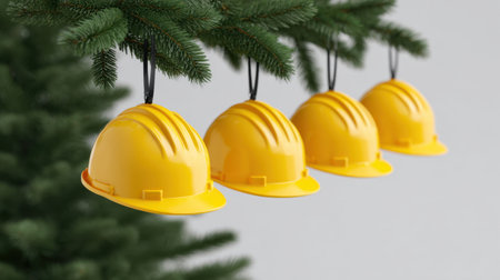 This inventive holiday decoration features vibrant yellow hard hats suspended from pine tree branches, merging construction themes with festive cheer.の素材
