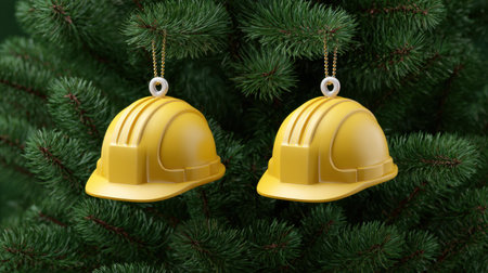 Two bright yellow construction helmets festively hang from a Christmas tree, adding a playful twist to traditional holiday decorations for a fun celebration.の素材