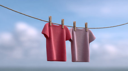 Two vibrant t-shirts, one in pink and the other in red, are hanging on a clothesline under a serene sky, symbolizing freshness and simplicity in daily life.の素材
