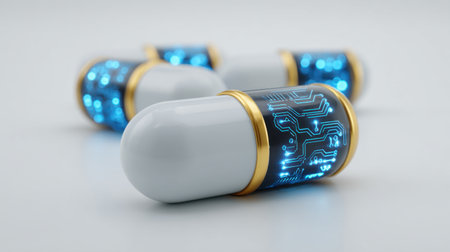 This image showcases a futuristic capsule design combining elements of technology and healthcare. The glowing blue circuits emphasize a modern approach to medicine.の素材
