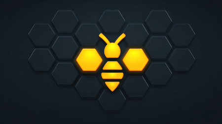 A striking abstract design featuring a yellow bee set against a backdrop of dark hexagonal shapes, symbolizing nature's elegance and creativity.の素材