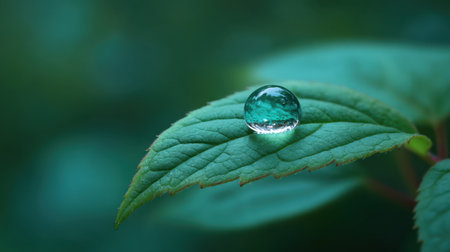 A stunning close-up shot capturing a solitary water droplet resting on a leaf, surrounded by a soft green backdrop. The image evokes tranquility and a deep connection to nature.の素材