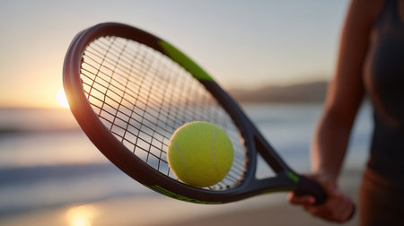 This captivating image features a close-up view of a tennis racket holding a bright yellow ball against a stunning sunset on a beach. Perfect for sports and leisure themes.の素材
