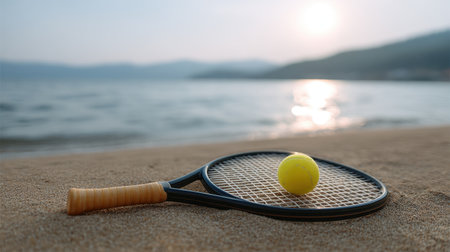 A vibrant tennis racket and bright yellow ball are placed on golden sandy beach, capturing the serene ambiance of sunset by the calm water.の素材