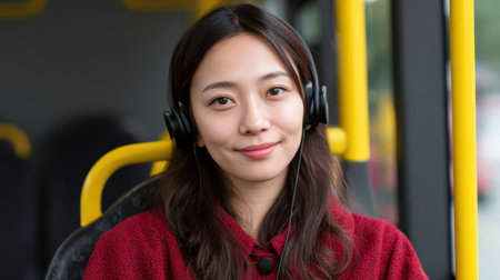 A young woman with long hair and headphones smiles while seated on a bus, embodying a moment of joy during her urban commute.の素材