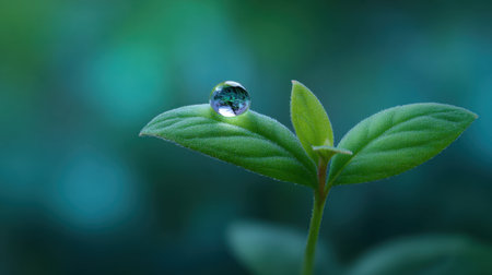 A close-up image of a delicate green leaf adorned with a shimmering water droplet, showcasing nature's intricate beauty in soft focus and tranquil composition.の素材