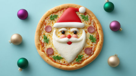 Celebrate the holiday season with this whimsical Christmas pizza featuring a jolly Santa face made from colorful toppings, surrounded by festive ornaments.の素材